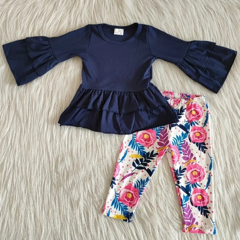 

Wholesale Baby Girls Boutique Outfit Ruffle Long Sleeve Navy Blue Solid Color Shirt Flower Bell-bottomed Pants Sets Kids Clothes