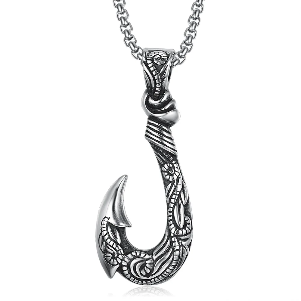 

Stainless Steel Vintage Fish Hook Pendant Necklace Navigation Ship Hook Necklaces Jewelry Gift For Him with 60cm Rolo Chain