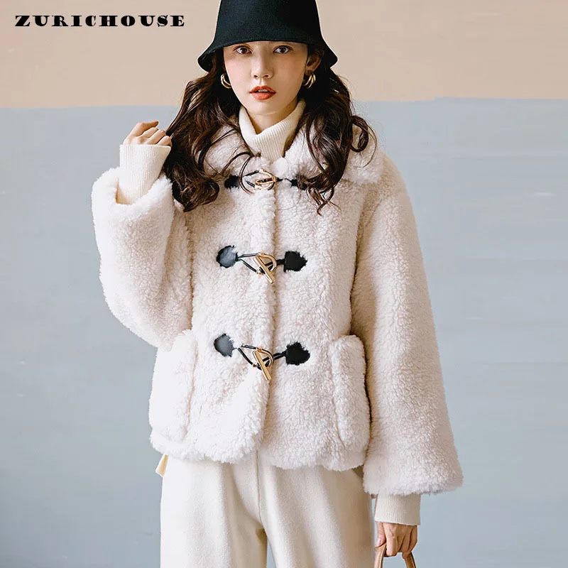 

ZURICHOUSE Brand Lambswool Jacket Women Short Warm Fashion Horn Button High Quality Faux Fur Winter Plush Coat Female P3584