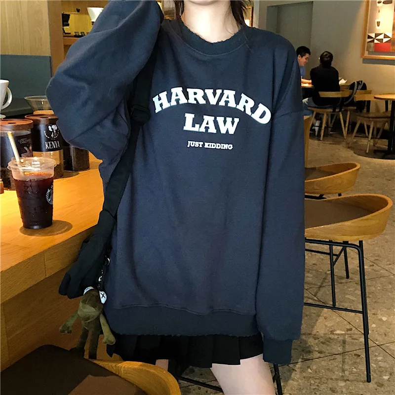 Серый Американский винтажный тонкий свитшот большого размера с принтом Гарварда