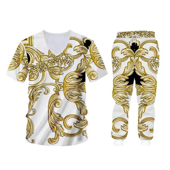 v neck tees set Барокко 3d мужские спортивные костюмы наборы роскошный дворец золотой цветок печати на молнии с капюшоном тренировочные брюки комплект из 2 предметов на заказ одежда унисекс - Цвет: v neck tees set