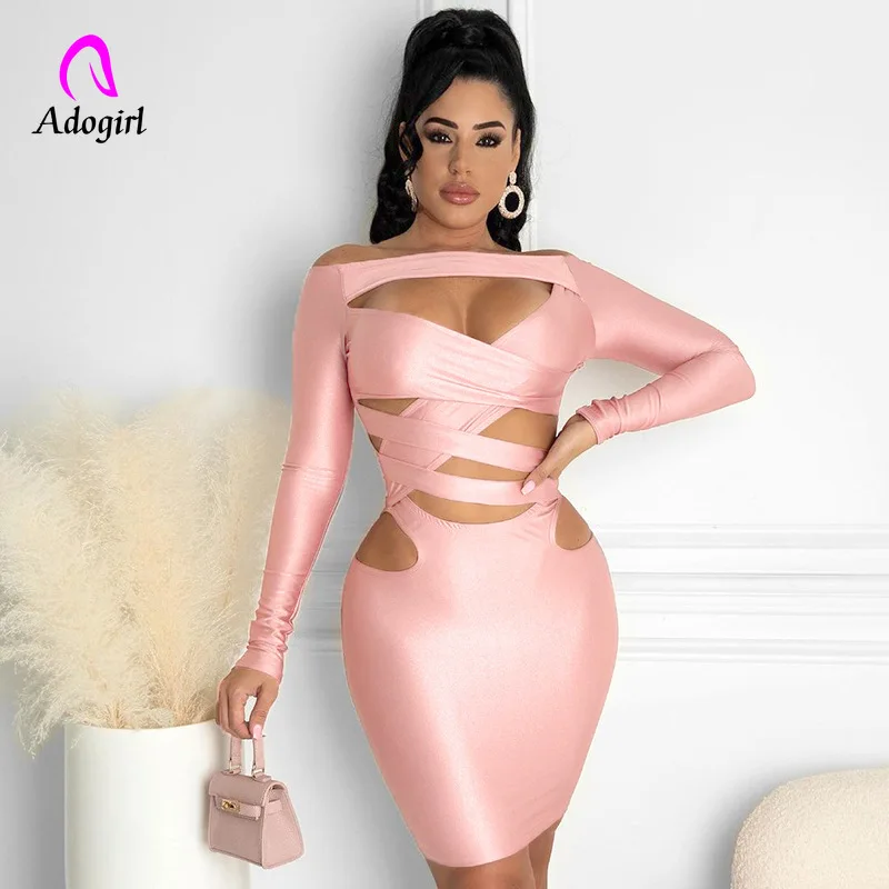 

Женское мини-платье с открытыми плечами, однотонное облегающее платье с длинным рукавом, одежда для активного отдыха, Новинка осени 2021, проз...