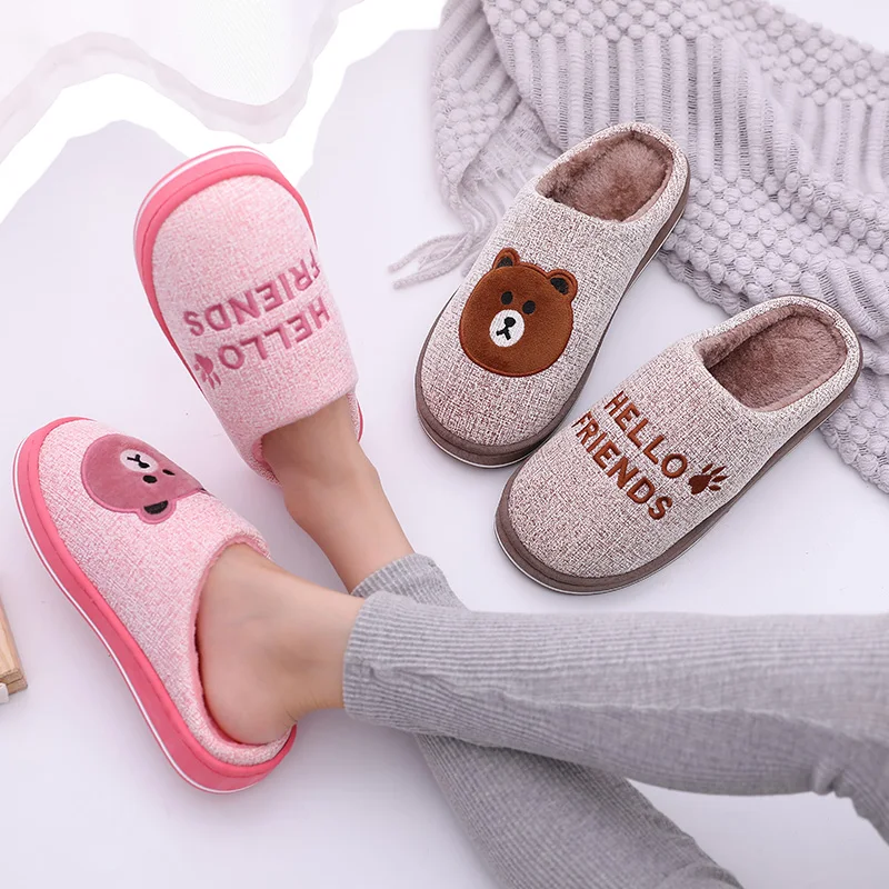 Women Winter Home Slippers Cartoon Bear Non-slip Soft Winter Warm House Slippers Indoor Bedroom Lovers Couples Floor Shoes Men