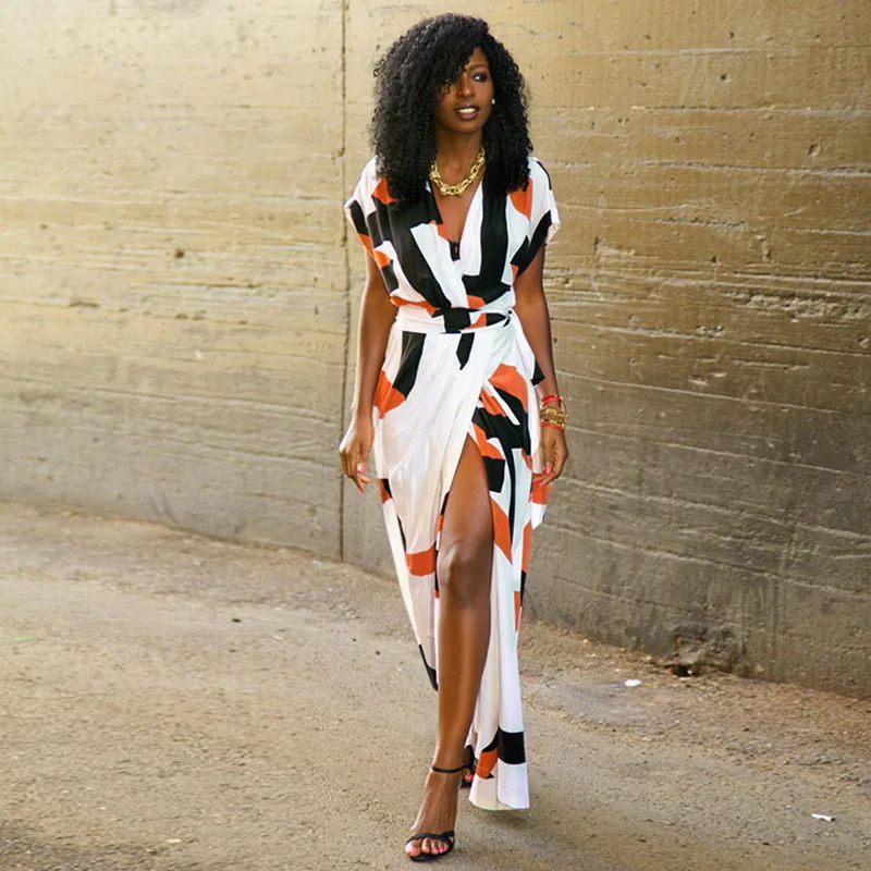 Женское длинное платье с принтом Boho летнее макси коротким рукавом и v образным