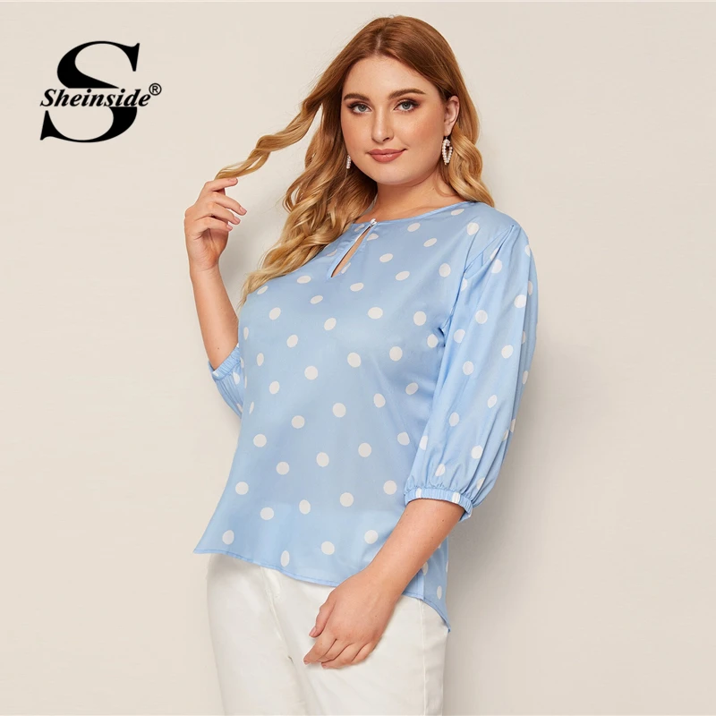 Sheinside/Большие размеры, блузка в горошек с коротким рукавом, Женская Осенняя коллекция года, эластичные Блузы с манжетами, женская синяя блузка с вырезом спереди