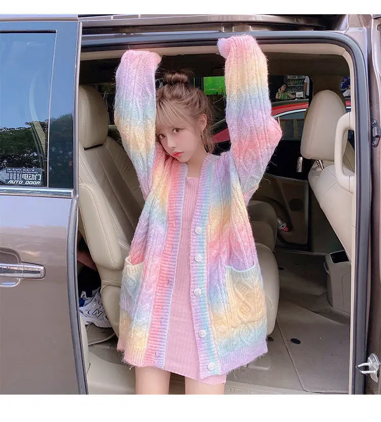 

Rainbow Knitted Cardigan Women Autumn winter Sweet Kawaii Sweater Coat Female Long Korean Button Down Cardigan Fall 2021 Women