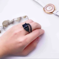 classic retro black zircon crystal charm womens ring wedding engagement double ring retro fashion square crystal ring