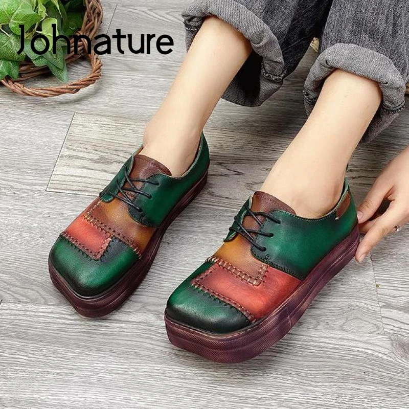 

Johnature Pumps Women Shoes 2021 New Genuine Leather Square Toe Casual Lace-up Retro Sewing Mixed Colors Handmade Ladies Shoes