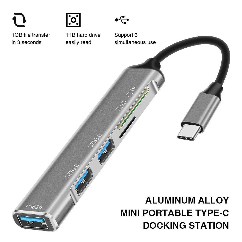 

5 in 1 Type C HUB Mini USB 3.0 Quick Charger Adapter Splitter with SD/TF Slot Portable Power Supply HUB for Laptop Mouse