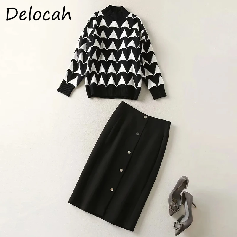 

Delocah New 2021 Autumn Women Fashion Runway Skirts Set Long Sleeve Sweaters + High Waist Slim Pencil Midi Skirts 2 Pieces Suits