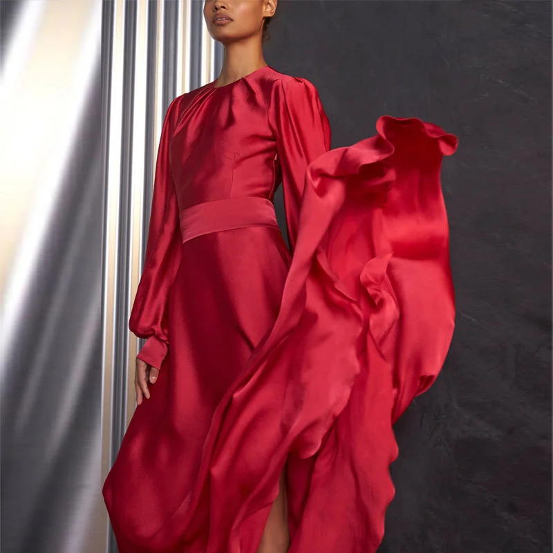 

Satin Red Dress Long Sleeve Comfortable Retro Temperament Open Back Sexy Party Evening Long Dress for Women