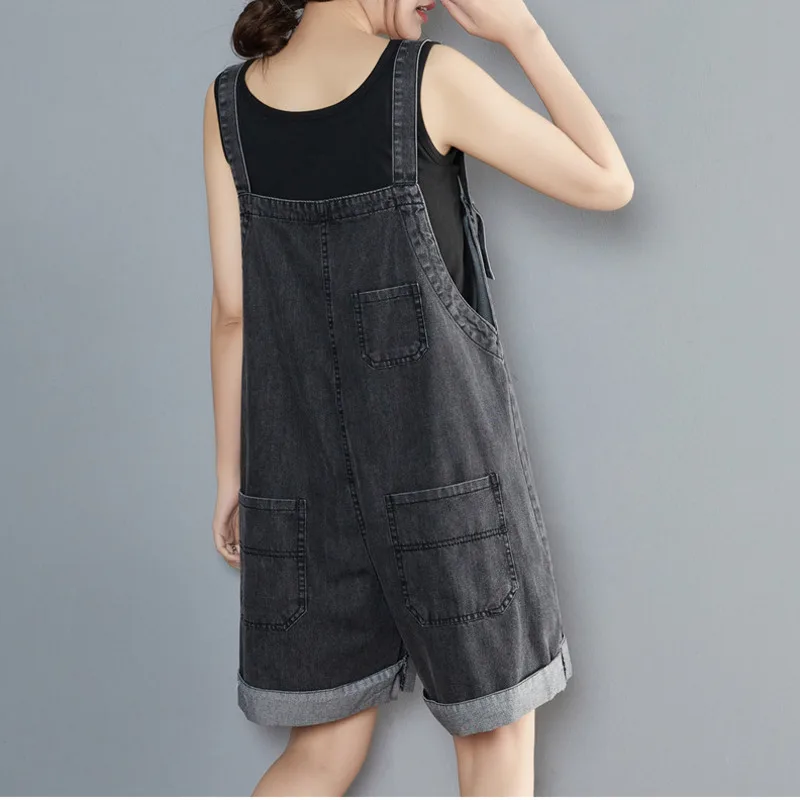 #1526 Black Denim Cotton Overalls Women Loose Big Size Sleeveless Denim Playsuits And Jumpsuits Summer Playsuits Ladies Pockets