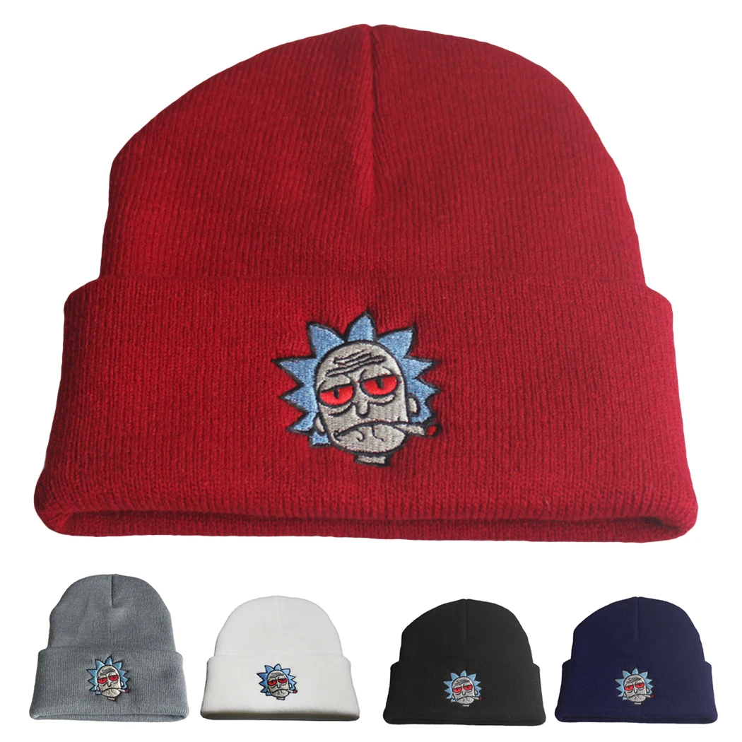 Зимняя теплая шапка унисекс шапки Вязаные Лыжные Skullies эластичный модный бренд анимация Рик и Морти Crazy Rick вязанные шапочки с вышивкой