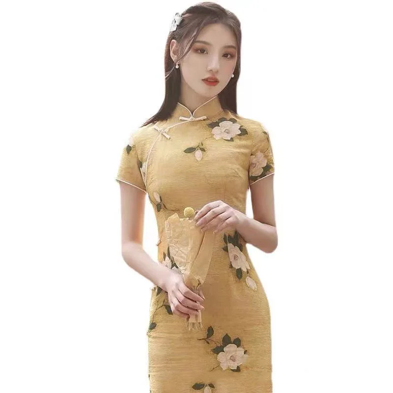 Китайское современное платье Ципао желтое элегантное молодежное шифоновое с