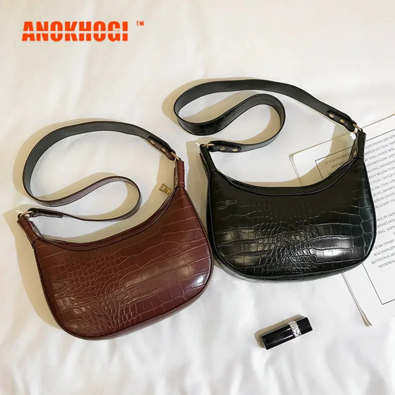 Винтажная классическая сумка полумесяц с крокодиловым узором короткий ремешок