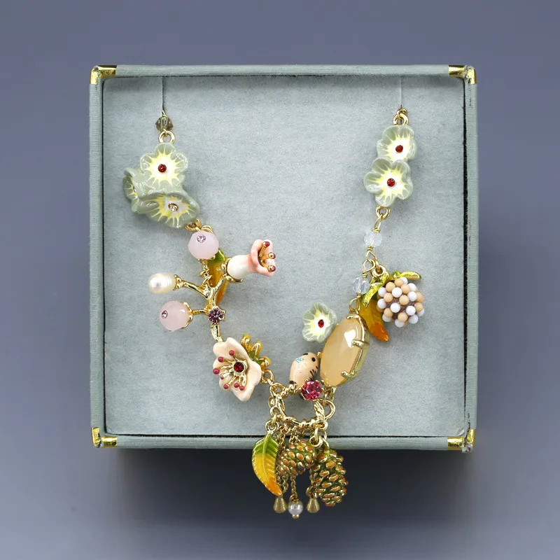 S04-044J Robin эмаль птичка розовый жемчуг драгоценный камень ожерелья с
