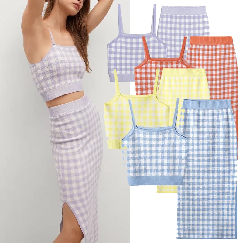 

Женский Повседневный костюм-двойка Za, разноцветный клетчатый костюм на подтяжках с разрезом и юбкой с высокой талией, осень 2021