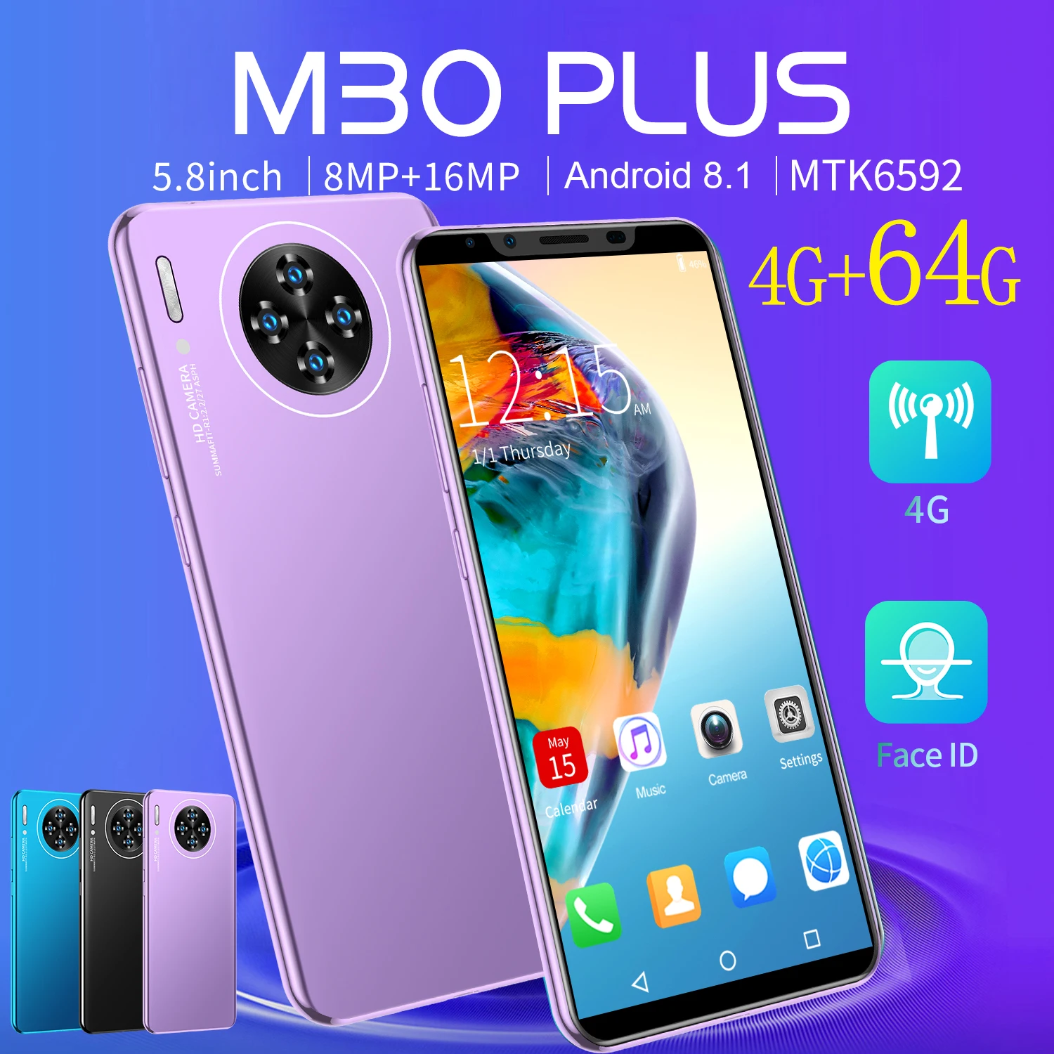 

New Arrival M30 Plus 5.8 Inch Mobilephone Global Version 4GB+64GB 8MP+16MP 8core HD Face Unlock Dual SIM Flash Memory Cellphone