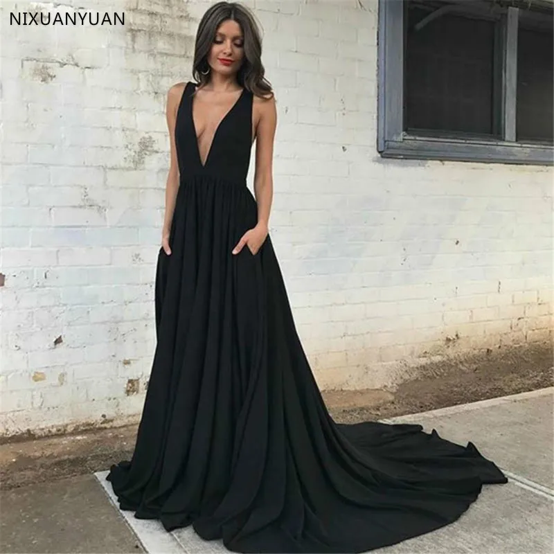 

Sexy Black Evening Dress 2021 New Backless Deep V Neck A Line Long Prom Gowns Custom Made Chiffon Women Occasion Dresses