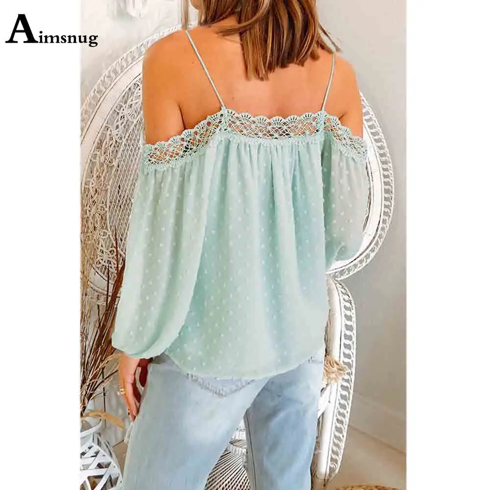 

Women Casual Shirt Hollow Out Patchwork Lace Dot Blouse Long Sleeve Basic Top Pullovers 2021 Summer Loose Shirt Femme Clothes