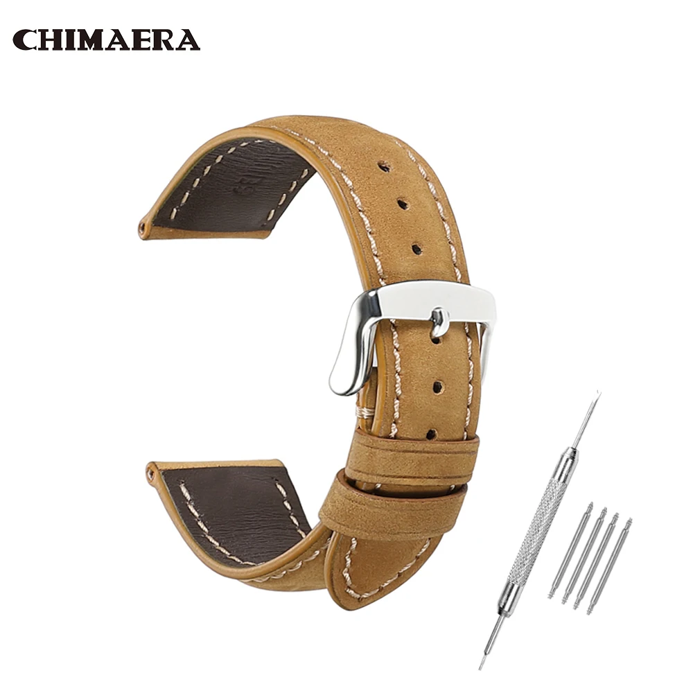 

CHIMAERA 18-24mm Watch Strap Genuine Leather Watchbands Black Silver Pin Buckle Steel Wrist Belt Bracelet + Tool