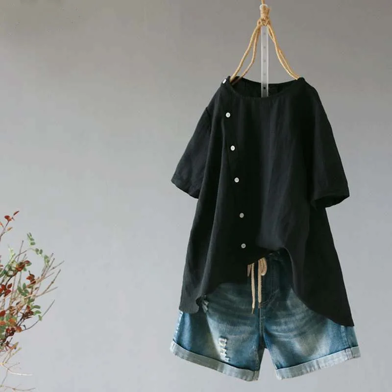 2019 summer new large size cotton and linen women's short-sleeved O-neck button irregular hem blouse |