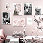 Черно-белая мода романтическая Парижская башня розовый цветок настенная живопись скандинавский Холст плакат и печать Декор для гостиной