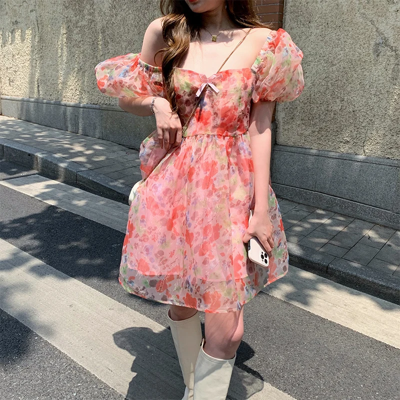 

Summer Women French Floral Dress Korean Floral Print Puff Sleeve Mini Chiffon Dress Fashion One Piece Dress For Women Vestido