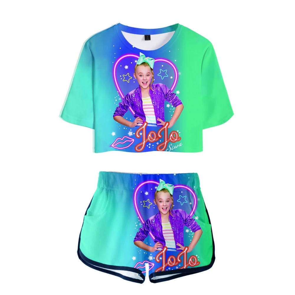 

Popular 3D JOJO SIWA Exposed Navel T-shirt+Shorts Women's Two-piece sets Fashion Summer JOJO SIWA 3D girls two-piece Clothing