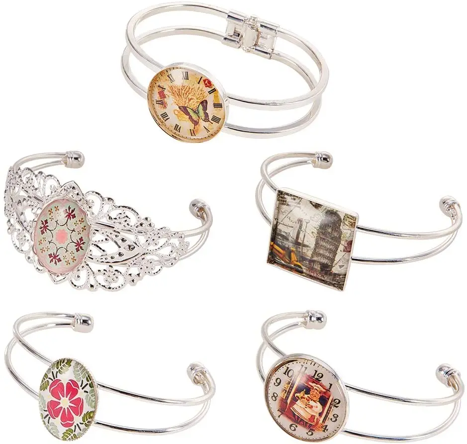 

5-piece silver bezel tray blank cuff bracelet bracelet with 5-piece round oval square transparent cabochon glass dome