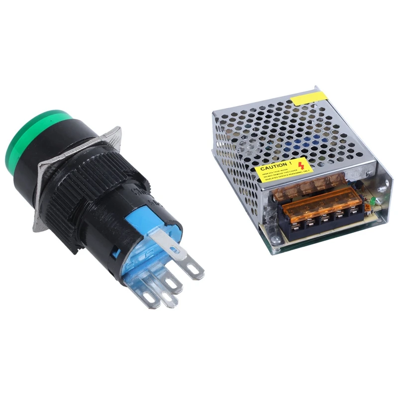 

250V 5A SPDT 1NO 1NC 5 Pins Latching Push Button Switch W 220V LED Lamp With 110-220V Switch Power Supply Transformer