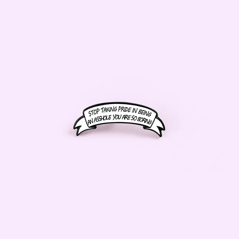 

2021 New Arrival Punk White Ribbon Label Enamel Brooch Trend English Slogan Alloy Denim Clothes Bag Pendant Jewelry Gifts