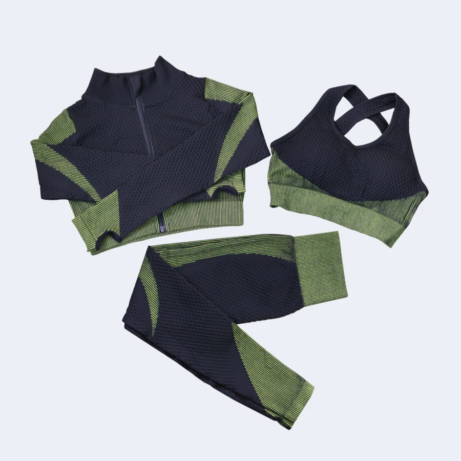 

Fitness Suits Yoga Women Outfits 3pcs Sets Long Sleeve Shirt+Sport Bra+Seamless Leggings Workout Running Clothing Gym Wear,LF051
