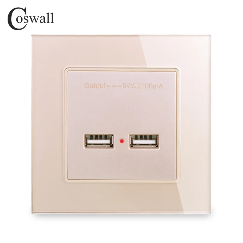 Gold COSWALL настенная розетка с двумя usb-разъемами, умный индукционный зарядный порт для мобильного телефона 5 в 2,1 А, Выходная панель из закаленного стекла - Тип: Gold