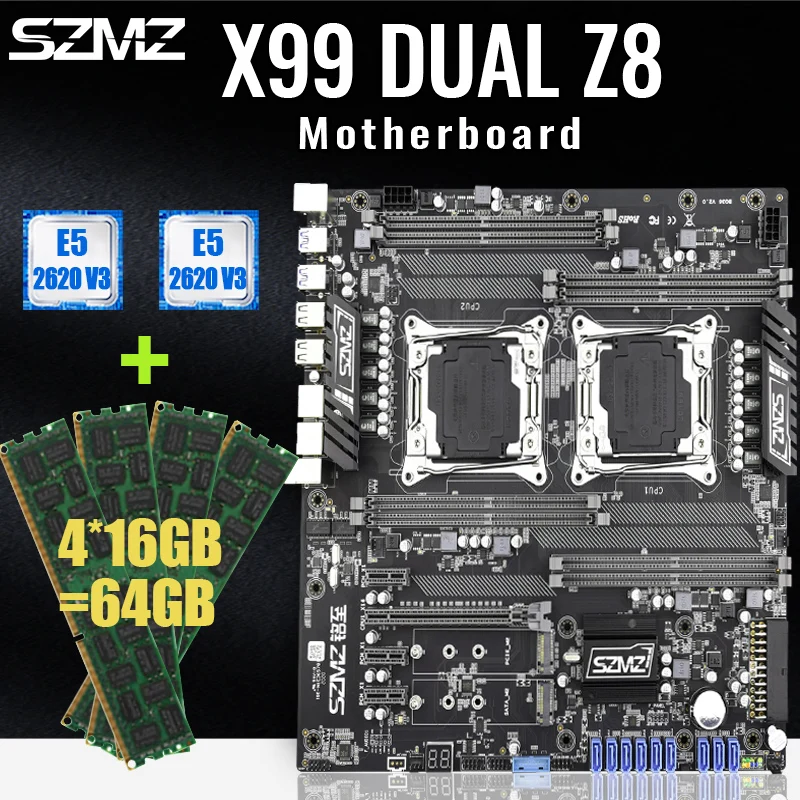 

SZMZ X99 Dual CPU Socket LGA2011-3 Motherboard Set Support Mining With 2*E5 2620V3 And 4*16GB DDR4 2400MHZ ECC REG RAM