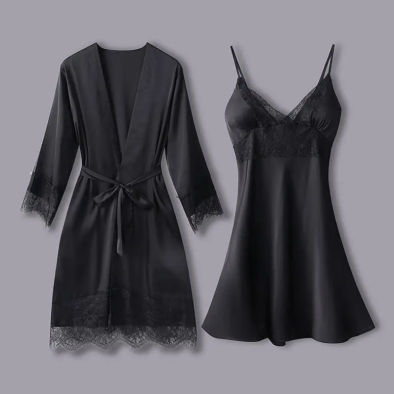 Blue Lace Sexy Nightwear Kimono Bathrobe Gown Satin Women Sleepwear Intimate Lingerie Home Clothing 2021 New 2PCS Sleep Set