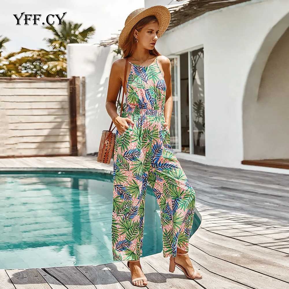 Elegant Fashion Floral Print sexy backless Women Jumpsuits Bohemian Spaghetti Strap Playsuit Summer Casual Beach female Rompers