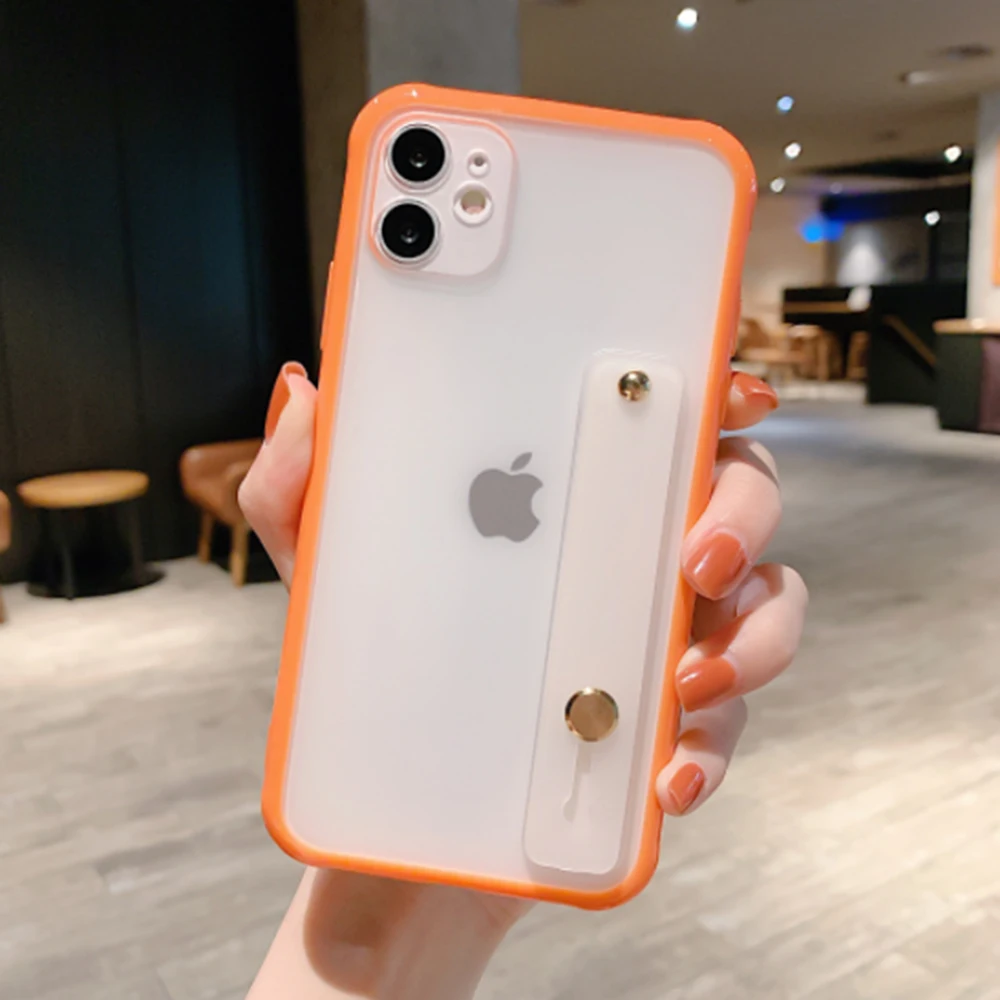 

Transparent Matte Phone Case Wristband Stand Cases Cover For iPhone 11 Pro X XS Max XR 7 8 6S 6 Plus SE 2020 Clear Candy Color