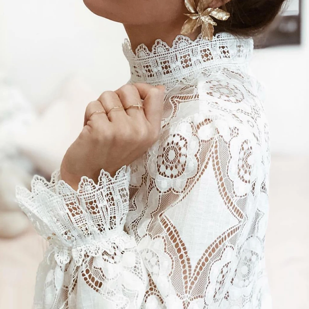 Женская белая кружевная блузка с длинным рукавом и круглым воротником Женский