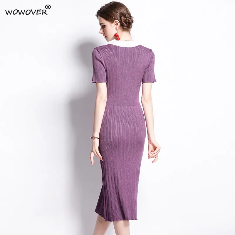 

Elegant Spring Summer Short Sleeve 3D Floral Solid Midi Sheath Bodycon Knitting Dresses for Women 2021 Vintage Party Vestidos