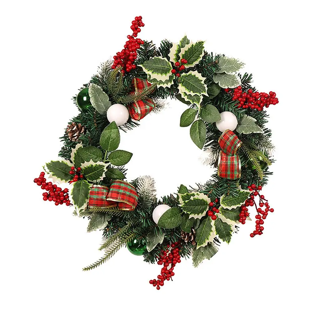 

Christmas Wreath Premium Beautiful Artificial Garland For Decor -Natural Pine Branch+Berry+Red Ribbon+20 LED