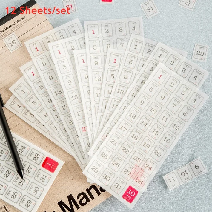 

12 Sheets/set of Creative 365 Days Calendar Sticker Daily Plan Manual Label Notebook DIY Scrapbook Decoration