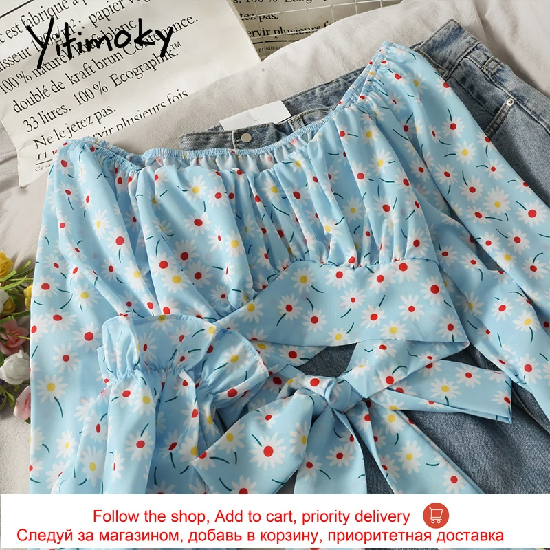 

Yitimoky Women Blouses Spring 2021 Chiffon Blue Lantern Long Sleeve Shirt Floral Print Slash Neck Flare Sleeve Bow Ladies Tops