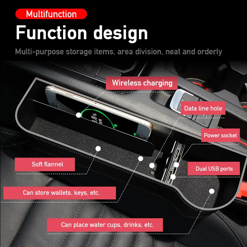 Car Seat Gap Storage Box Interior Auto Dual USB Charger Wireless Charging Side Organizer Automobiles Goods Accessories | Автомобили и