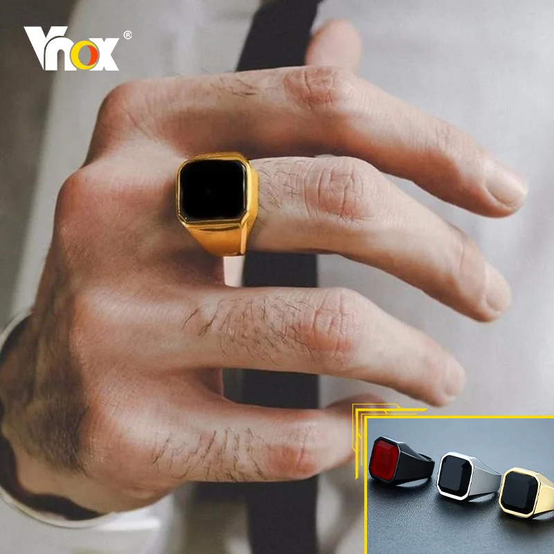Vnox Stylish Signet Rings for Men, Male Pinky Ring with Black Square CZ Stone,Gold Color Stainless Steel Metal Jewelry ,US Size