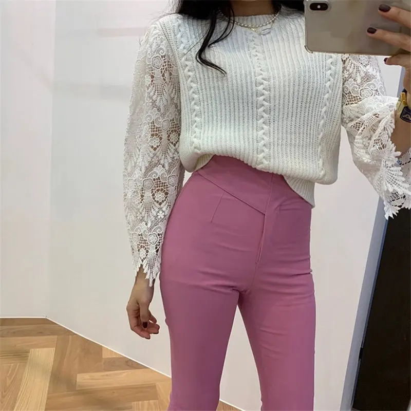 RealShe кашемировый женский свитер с круглым вырезом и кружевными расклешенными