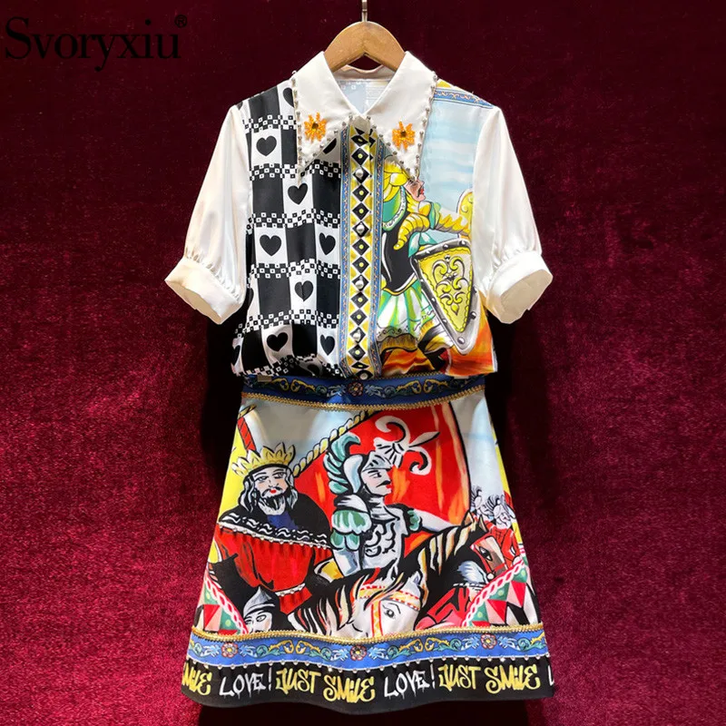 

Svoryxiu Women's Summer Fashion Runway Skirt Suit Vintage Warrior Letter Print Beaded blouse + Mini Skirt Two Piece Set