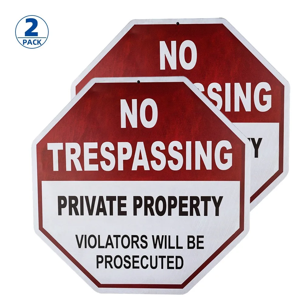 

2-Pack No Trespassing Sign, Private Property, 12x12 Octagon Shaped Rust Free Metal, UV Printed, Easy to Mount