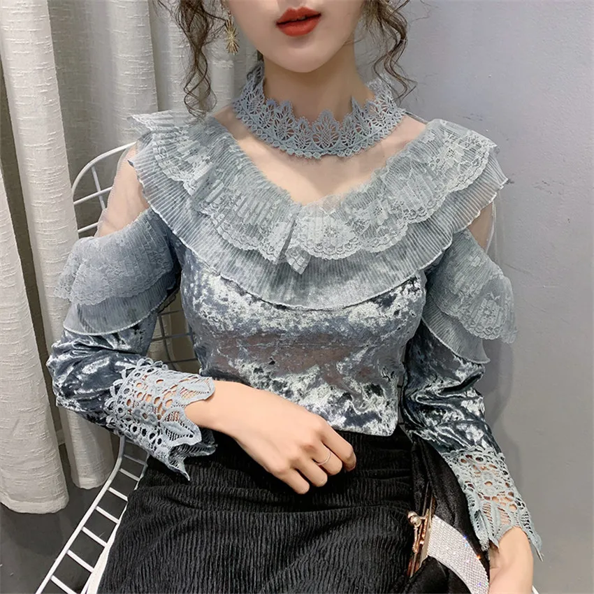 

Gowyimmes Fashion Girl Lace Patchwork Shirt Sexy Women Gold Velvet Blouse Lady Long Sleeve Mesh Blusas Pullovers Bottomings 720