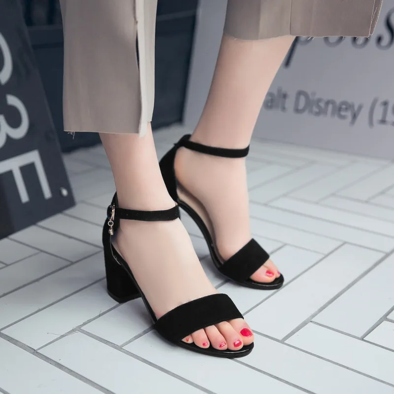 

JETT DRAGON Women's Shoes 6CM High Heel 2021 Summer Suede Black Student Shoes Sandals In Rome with High Heel Thick with A Buckle